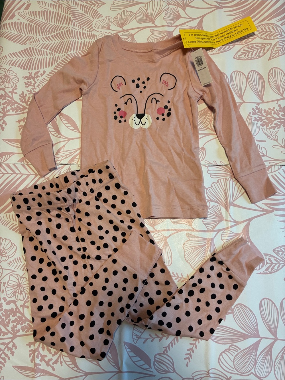 Old Navy Pink Leopard Face Pajama Set with Black Polka Dots
